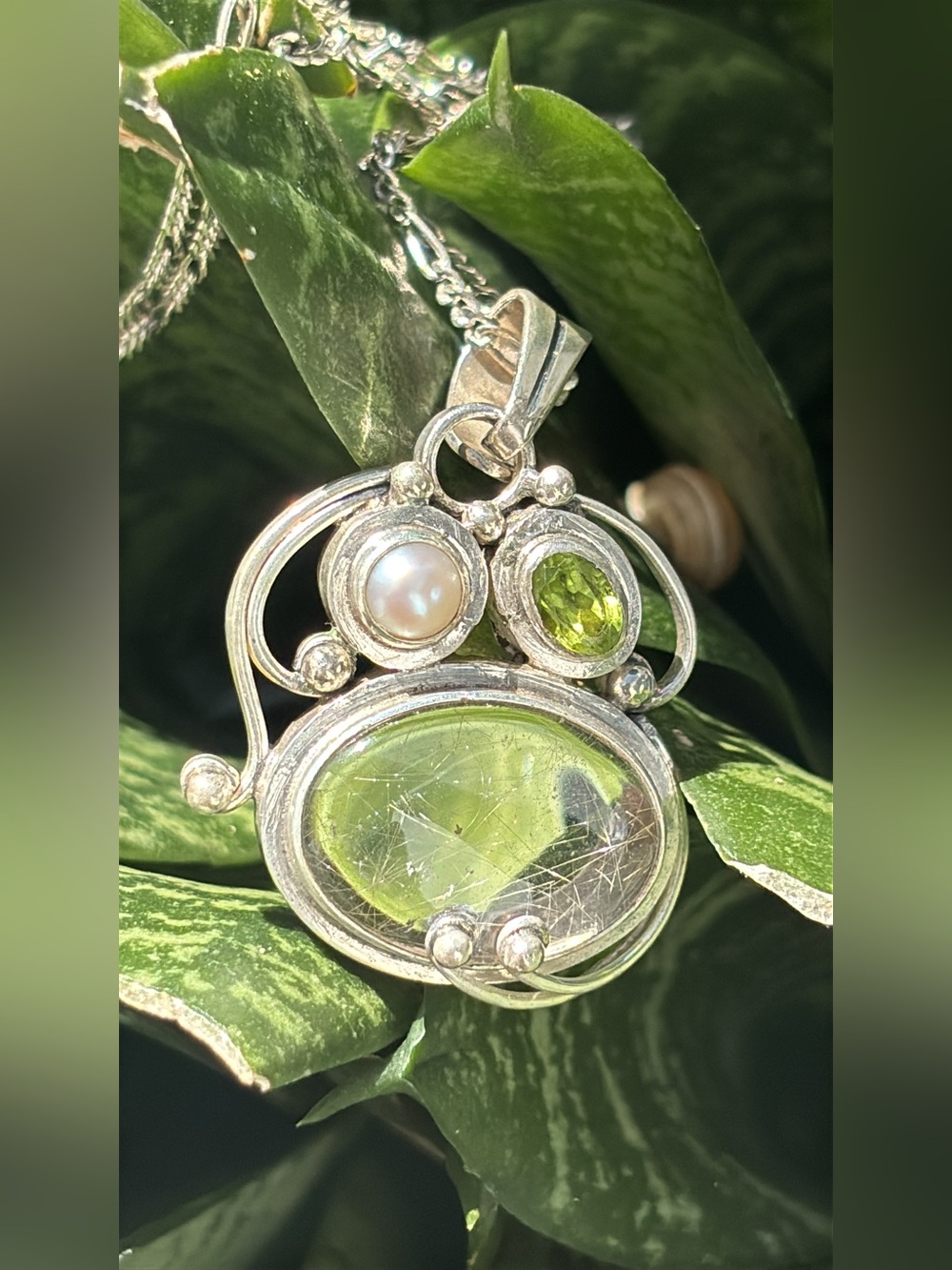 Sterling Silver Pearl, Rutilated Quartz and Peridot Pendant and Necklace